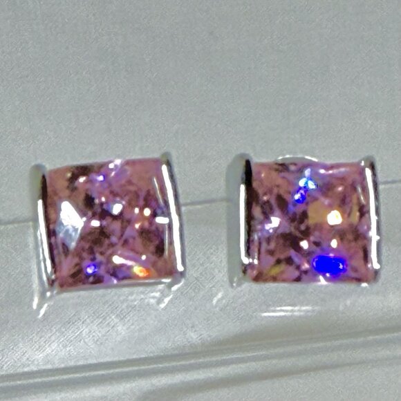 Sterling Silver 925 Pink Princess Cut Crystal Stud Earrings Square Post - Picture 5 of 5
